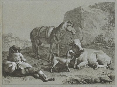 Liggande herde med häst, ko och hund Shepherd Scenes (serietitel) av Francesco Londonio