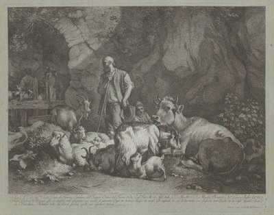 Gammal, skallig herde, sittande herdepojke och flock av Francesco Londonio