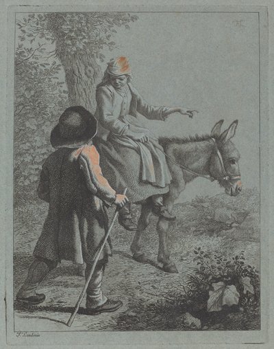 Bondekvinna som sitter på en åsna och en bondman av Francesco Londonio