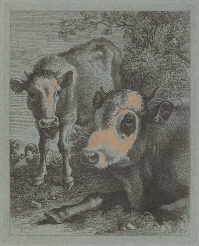 Liggande ko och kalv i det fria, 17581759. av Francesco Londonio