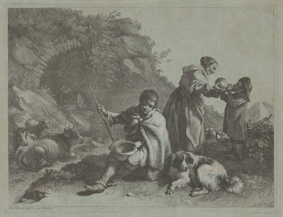 Sittande herdepojke och kvinna som ger en drink till ett barn, 17591782. av Francesco Londonio