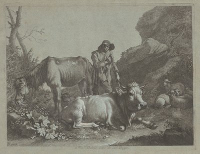 Herde vilar på en käpp med en gammal häst och en liggande tjur, efter 1767. av Francesco Londonio