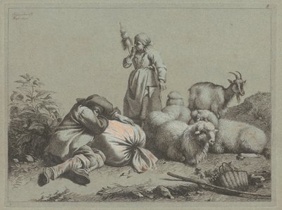 Sovande bonde och stående spinnare, 1763. av Francesco Londonio