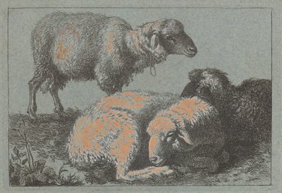 Två liggande får och ett stående får, 17571758. av Francesco Londonio