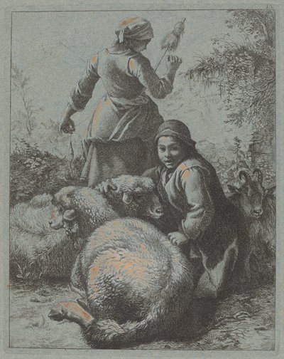 Spinnerkvinna och en herde med flock, 17581759. av Francesco Londonio