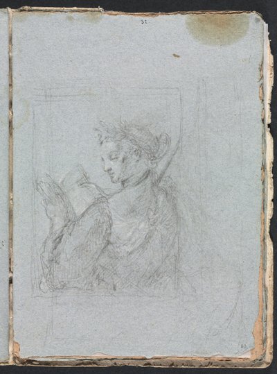 Verona Skissbok: Kvinnofigur med öppen bok sida 63, 1760. av Francesco Lorenzi