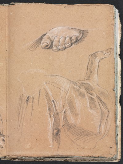 Verona Skissbok: Studie av en vänster fot och draperistudie med höger arm sida 79, 1760. av Francesco Lorenzi