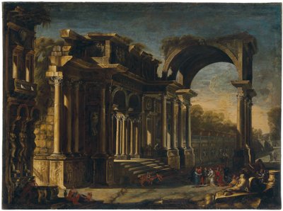 Capriccio med romerska ruiner och Kristus med kvinnan tagen i äktenskapsbrott av Francesco Maglioli