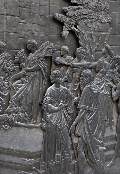 Bas som representerar Alessandro Farnese som tar emot ambassadörerna för drottning Elisabeth av England, detalj av statyn av Alessandro Farnese av Francesco Mochi
