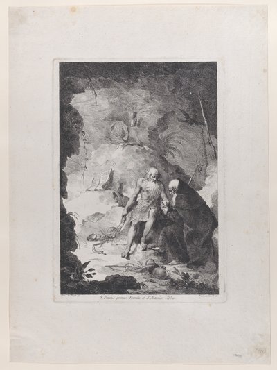 Eremiten Paulus och Sankt Antonius abbot samtalar i ett landskap, efter Pi..., ca. 1784-1836. av Francesco Novelli