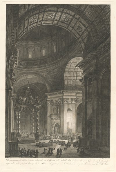 Peterskyrkans interiör, med belysningen av Peters kors av Francesco Piranesi