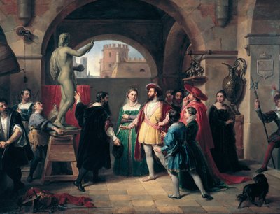 Kung Francois I av Frankrike (1494-1547) besöker Buenvenuto Cellinis (1500-1571) studio i Rom. Målaren ger kungen en skulptur av Sankt Johannes den anonyme evangelistens målning. Roma, Galleria Nazionale d