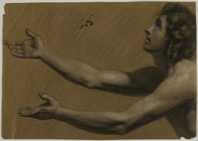 Ung man tittar uppåt med utsträckta armar (recto); Kvinna håller spegel (verso) av Francesco Podesti
