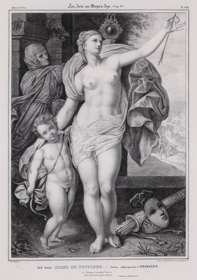 Allegorisk målning av Diane de Poitiers, älskarinna till kung Henrik II av Frankrike (litho) av Francesco Primaticcio