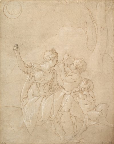 Klassisk kvinnlig figur Diana eller Venus med två spädbarn, ca. 1539-42. av Francesco Primaticcio