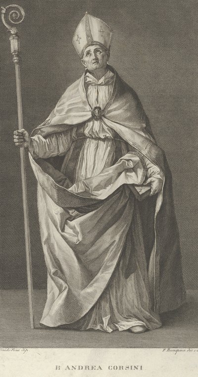 Den helige Andrea Corsini klädd som biskop av Fiesole, höll ett korsbord och tittade ..., ca. 1780-1841. av Francesco Rosaspina