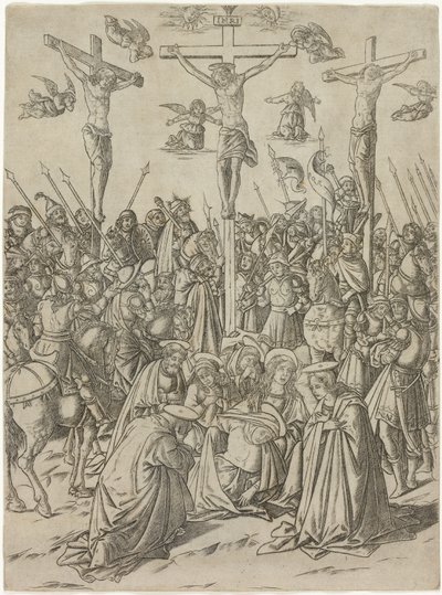 Korsfästelsen med de två tjuvarna, plåt tio från Jungfruns och Kristi liv av Francesco Rosselli