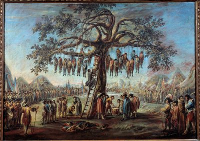 Det hängda trädet Ett makabert spektakel som föreställer fångar som ska tortera genom att hänga på grenarna på ett träd. Illustration inspirerad av en gravyr av serien "Les miseres de la guerre"" av Jacques Callot (1592-1635). Målning av Francesco Simonini av Francesco Simonini