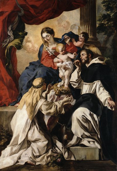 Den tronande Maria med barnet, den helige Dominikus och den heliga Katarina av Siena (Rosenkransmadonnan) av Francesco Solimena