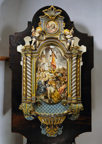 Stor vigvattenfont i målad majolika med central scen från målningen Adoration of the Magi av Francesco Solimena (1657-1747), Italien, 1900-talet av Francesco Solimena