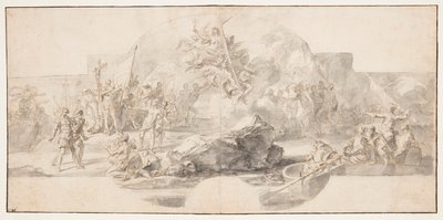 Studie för målning "The Landing of Columbus in America," Sala del Minor Consiglio, Palazzo Ducale, Genua, Italien av Francesco Solimena