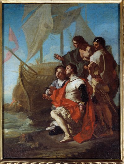 Upptäckaren Christopher Columbus (1451-1506) ankomst till Amerika Målning av Francesco Solimena dit l