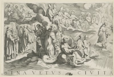 Karta över Siena (överst till vänster) Senavetus civitas virginis (titel på objekt) av Francesco Vanni