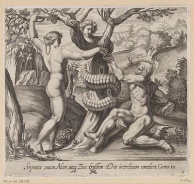 Eva erbjuder Adam den förbjudna frukten Målningar i Raphaels Loggia (serietitel) La Sacra Genesi (serietitel) av Francesco Villamena