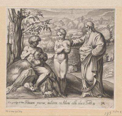 Gud skapar man och kvinna Målningar i Raphaels Loggia (serietitel) La Sacra Genesi (serietitel) av Francesco Villamena