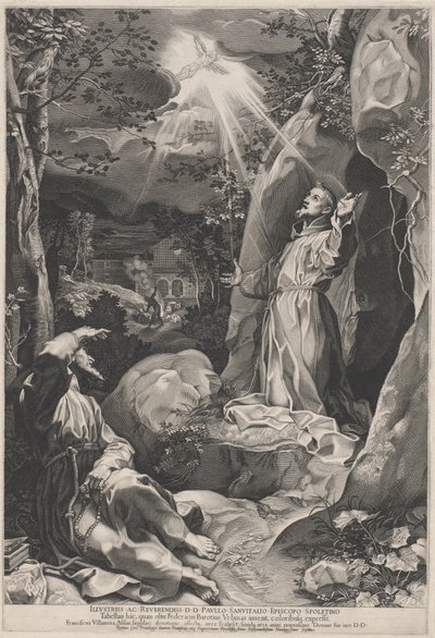 Saint Francis tar emot Stigmata av Francesco Villamena, after Federico Barocci