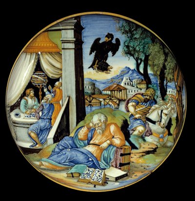 Lågbenssnitt: Allegori om ödet. Fajans. Tillverkad av Francesco Avelli Xanto (aktiv omkring 1530/1540) av Francesco Xanto Avelli
