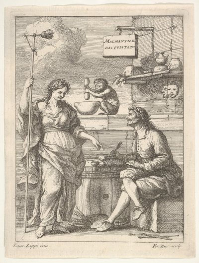 En apa som arbetar med mortel och mortelstöt, nedanför Lorenzo Lippi skriver sin humoristiska ..., ca. 1710-64. av Francesco Zuccarelli
