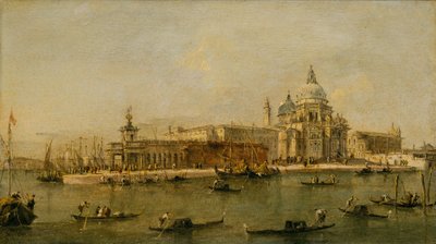 Venedig: Dogana och Santa Maria della Salute av Francesco circle of Guardi