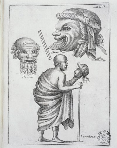 Masker som användes för klassiska dramer i antikens Rom ... av Francesco de Ficonori