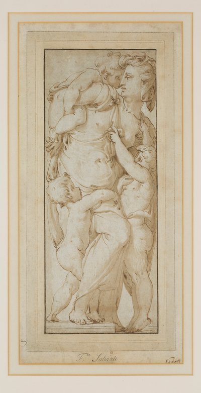 Studie av en kvinna och Putti (bläck och tvätt) av Francesco de Rossi (follower of) Salviati