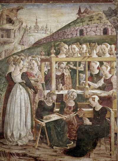 Allegori av mars, detalj av triumf Minerva med kvinnor som väver) detalj - fresk av Francesco del Cossa (ca 1436-vers 1478) Ferrara (Ferrara) Palazzo Schifanoia, Salone dei Mesi av Francesco del Cossa