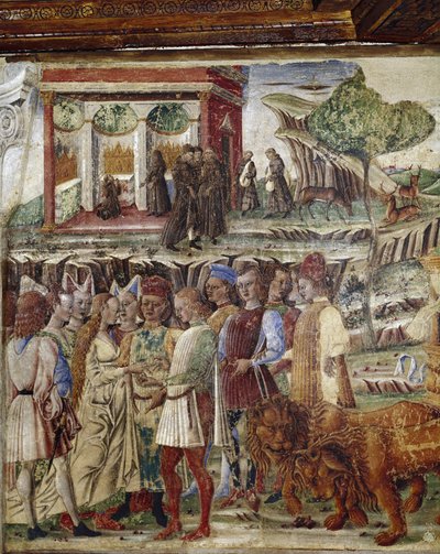 Allegori över juli månad, detalj av Jupiters triumf, detalj av en bröllopsscen - fresk av Francesco del Cossa (ca 1436-vers 1478) Ferrara (Ferrara) Palazzo Schifanoia, Salone dei Mesi av Francesco del Cossa