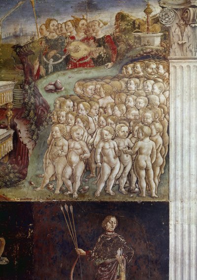 Allegori om maj månad, detalj om Apollons triumf, nakna barn och nio muser detaljer fresk av Francesco del Cossa (ca.1436-cirka 1478) Ferrara (Ferrara) Palazzo Schifanoia, Salone dei Mesi av Francesco del Cossa