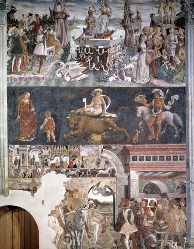 april. Överst: Venus triumf (Aphrodite) med de tre nåderna och par som kysser. I mitten: representation av tjurens stjärntecken. Nedanför: Borso d