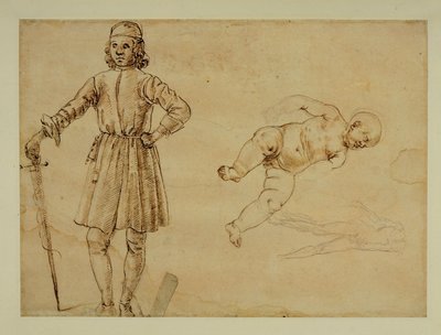 Ett barn sitter; en stående man håller ett svärd... av Francesco di Simone (attr. to)