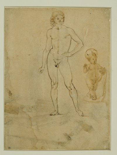 En naken yngling, stående;Jesusbarnet;kvinnoporträtt vänt mot höger ... av Francesco di Simone (attr. to)