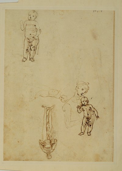Jungfru Maria och Jesusbarnet; två barn ... av Francesco di Simone (attr. to)