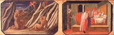 (LtoR) St. Franciskus av Assisi tar emot stigmata, SS. Cosmas och Damian botar en sjuk man; kopior av originalpaneler som utgör en del av Predella till Madonnan och barnet på tronen av Filippo Lipp av Francesco di Stefano Pesellino