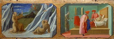 Saint Francois av Assisi tar emot stigmas, Saint Cosimo (Kom eller Cosimo) och Saint Damien tar hand om en sjuk Målningar på trä av Francesco di Stefano dit Pesellino (ca 1422-1457) 1400-talet sön. 0,32x0,94 m av Francesco di Stefano Pesellino