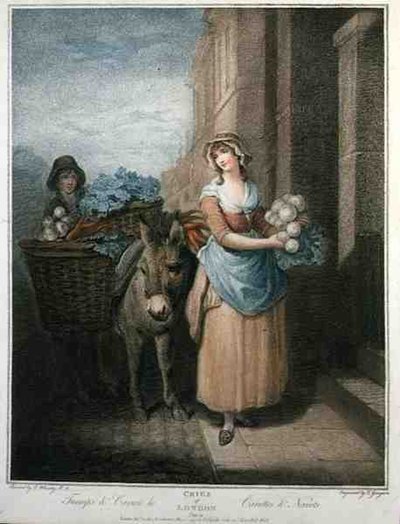 "Rovor och morötter Ho", skylt 13 av "The Cries of London", graverad av Thomas Gaugain (1748-1812), pub. av Colnaghi & Co. av Francis (after) Wheatley