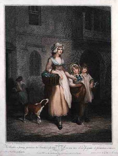 "Two Bunches a Penny, Primroses, Two Bunches a Penny", tavla 1 i "The Cries of London", graverad av Luigi Schiavonetti (1765-1810), utgiven av Colnaghi & Co. av Francis (after) Wheatley