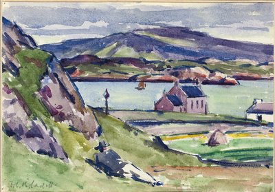 Figure och Kirk, Iona (penna & w/c på papper) av Francis Campbell Boileau Cadell