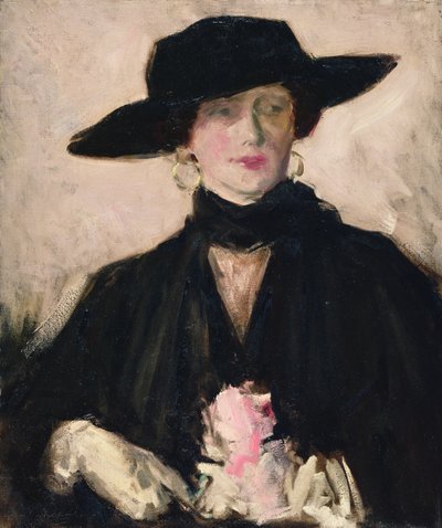 Dam i svart hatt (olja på duk) av Francis Campbell Boileau Cadell