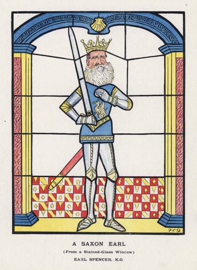 A Saxon Earl, från ett målat glasfönster, Earl Spencer (lito i färg) av Francis Carruthers Gould