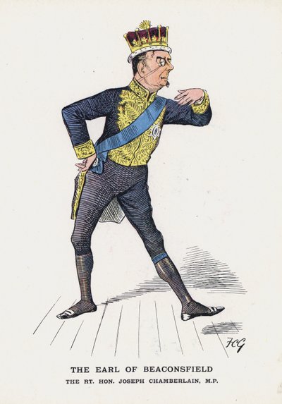 The Earl of Beaconsfield, The Rt Hon Joseph Chamberlain (färg litho) av Francis Carruthers Gould